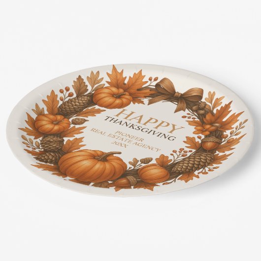 Happy Thanksgiving Autumn Wreath Corporate Pappteller (Schrägansicht)