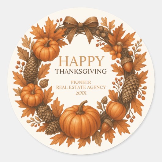 Happy Thanksgiving Autumn Wreath Corporate Runder Aufkleber (Vorderseite)