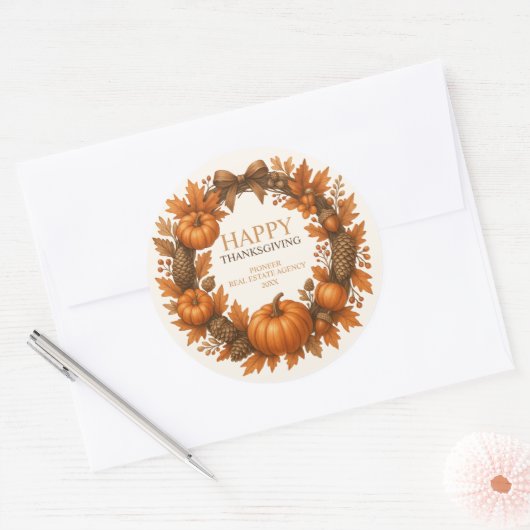 Happy Thanksgiving Autumn Wreath Corporate Runder Aufkleber (Umschlag)
