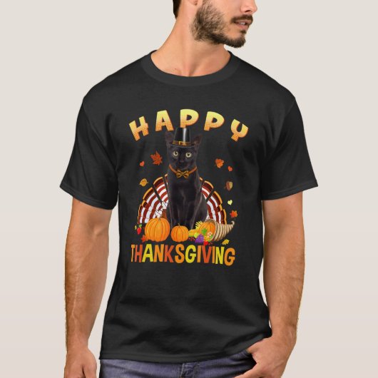 Happy Thanksgiving Black Cat Türkei Pilgrim Hat T-Shirt (Vorderseite)