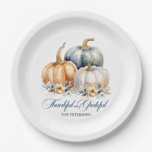 Happy Thanksgiving Blue Orange Gold Pumpkins Pappteller (Vorderseite)