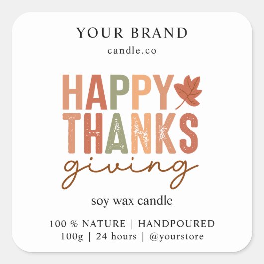 Happy Thanksgiving | Branding für Kerzen Quadratischer Aufkleber (Vorderseite)