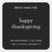 Happy Thanksgiving Candle Label | Minimalistischer Quadratischer Aufkleber (Vorderseite)