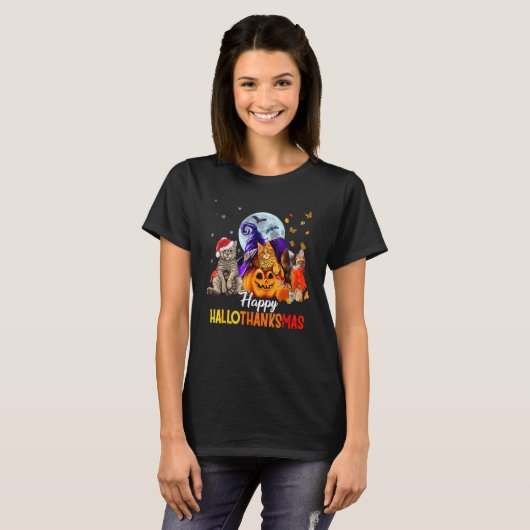 Happy Thanksgiving Cat Happy Hallothanksmas Cute C T-Shirt (Vorne ganz)