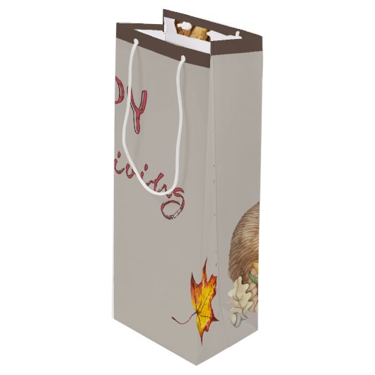 Happy Thanksgiving Cornucopia Basket Herbstlaube Geschenktüte Für Weinflaschen (Vorderseite Schrägansicht)