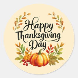 Happy Thanksgiving Day Pumpkin and Leaves Sticker
