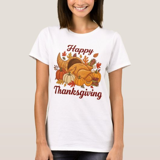 Happy Thanksgiving Design — Fall Leaves, Pumpkins T-Shirt (Vorderseite)