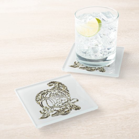 Happy Thanksgiving Elegante Golden Cornucopia Glasuntersetzer (Schrägansicht)