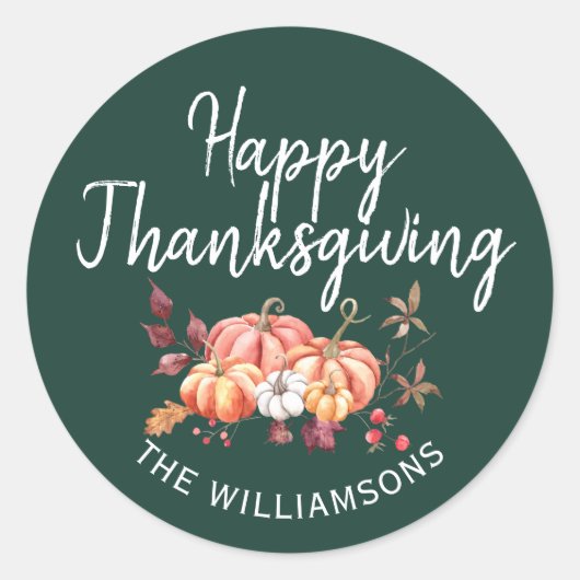 Happy Thanksgiving Fall Pumpkin Dunkelgrün Runder Aufkleber (Vorderseite)