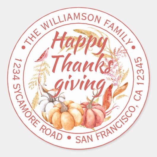 Happy Thanksgiving Family Name Rücksendeadresse Runder Aufkleber (Vorderseite)