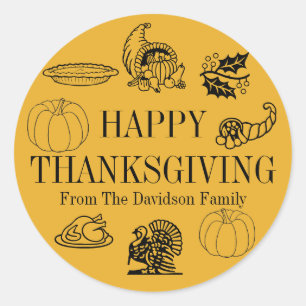 Happy Thanksgiving gelb-orange individuelle Name n Runder Aufkleber