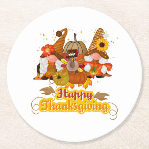 Happy Thanksgiving Gnome Trio Runder Pappuntersetzer