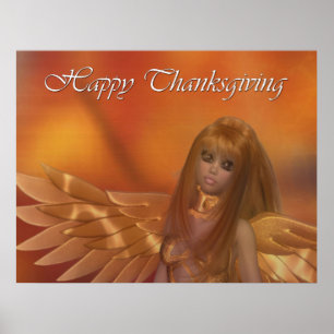 Happy Thanksgiving Golden Angel Holiday Print Poster