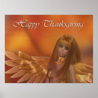 Happy Thanksgiving Golden Angel Holiday Print Poster
