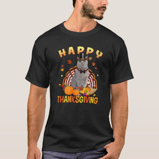 Happy Thanksgiving Gray Cat Türkei Pilgrim Hat Ho T-Shirt (Vorderseite)