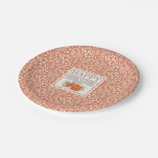 Happy Thanksgiving | Herbsternte Leaf Muster Pappteller (Schrägansicht)