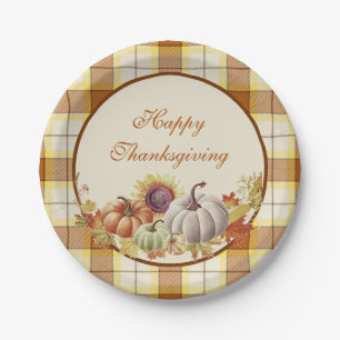 Happy Thanksgiving kariert und Kürbis Pappteller