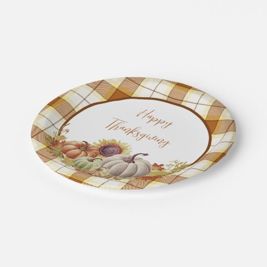 Happy Thanksgiving kariert und Kürbisse Papier Tel Pappteller (Schrägansicht)