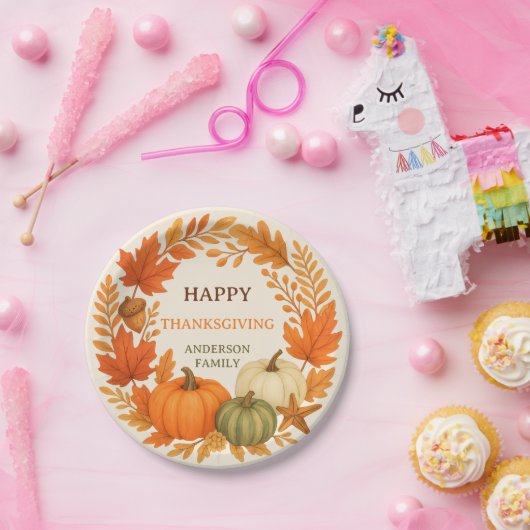 Happy Thanksgiving-Kürbis fallen Blätter beige Pappteller (Party)
