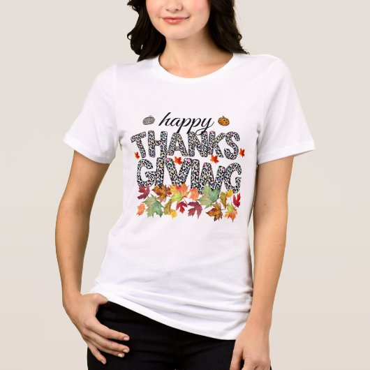 Happy Thanksgiving Leopard Print & Fall Leaves Tee (Vorderseite)