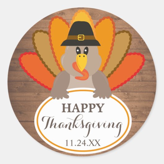 Happy Thanksgiving lustige Truthahn rustikale Holz Runder Aufkleber (Vorderseite)