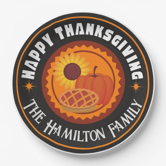 Happy Thanksgiving mit Familienname (bearbeitbar) Pappteller (Vorderseite)