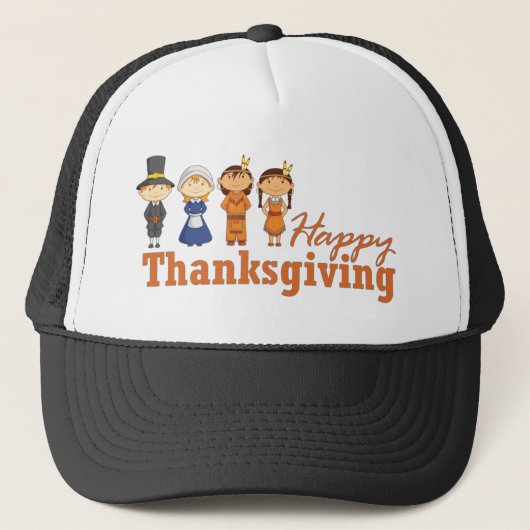 Happy Thanksgiving mit Pilgrim Native American Truckerkappe (Vorderseite)