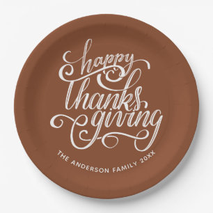 Happy Thanksgiving Modern Script Harvest Brown Pappteller