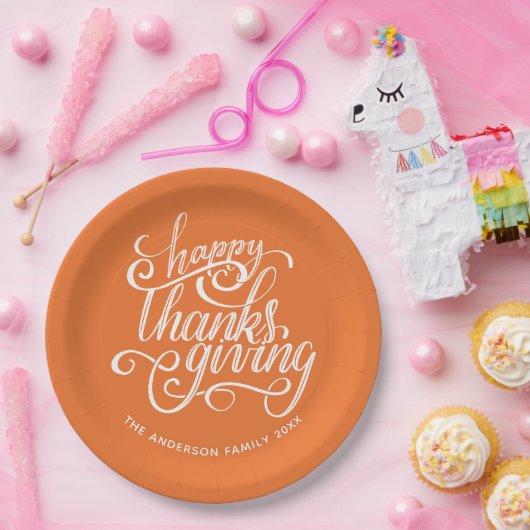 Happy Thanksgiving Modern Script Harvest Orange Pappteller (Party)