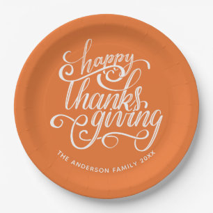 Happy Thanksgiving Modern Script Harvest Orange Pappteller