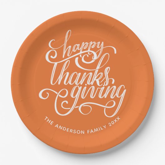 Happy Thanksgiving Modern Script Harvest Orange Pappteller (Vorderseite)