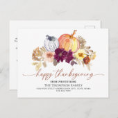 Happy Thanksgiving New Zuhause Floral Pumpkin Movi Ankündigungspostkarte (Vorne/Hinten)