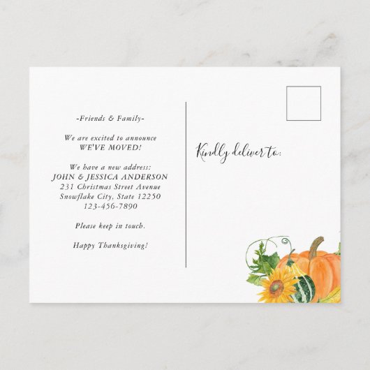 Happy Thanksgiving New Zuhause Pumpkin Holiday Mov Ankündigungspostkarte (Rückseite)