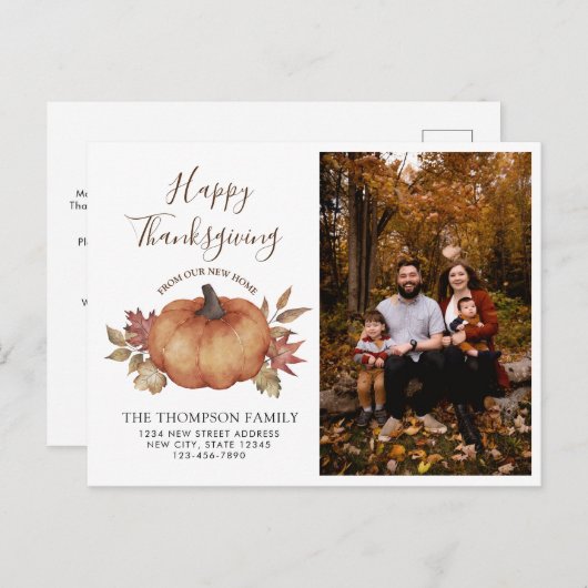 Happy Thanksgiving New Zuhause Pumpkin Moving Foto Ankündigungspostkarte (Vorne/Hinten)