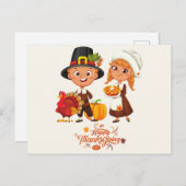 Happy Thanksgiving Niedlich Pilgrim Couple Feiertagspostkarte (Vorne/Hinten)