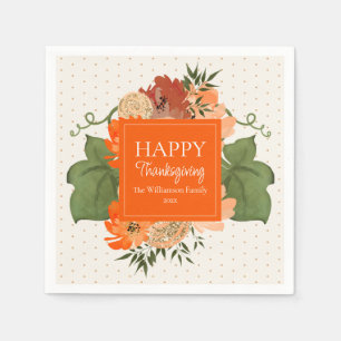 Happy Thanksgiving Orange Floral Custom Napkins Serviette