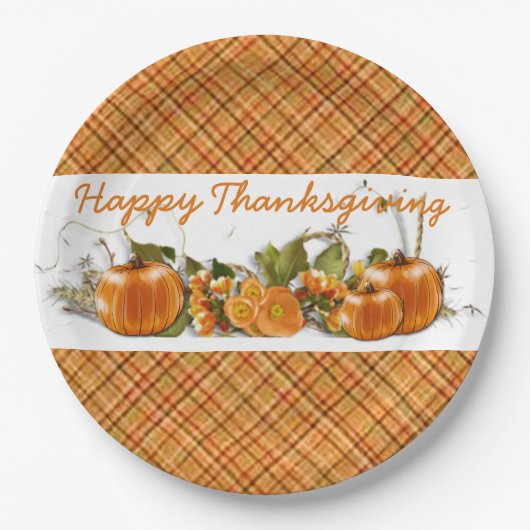 Happy Thanksgiving Orange Kariert Paper Teller (Vorderseite)