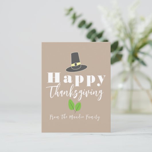 Happy Thanksgiving Pilgrim Hat Greenery Script Postkarte (Stehend Vorderseite)