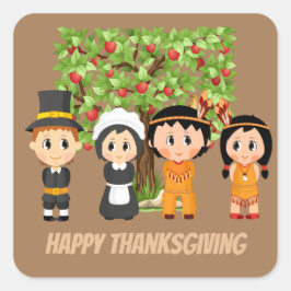 Happy Thanksgiving Pilgrims Amerikanischen Ureinwo Quadratischer Aufkleber