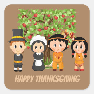Happy Thanksgiving Pilgrims Amerikanischen Ureinwo Quadratischer Aufkleber
