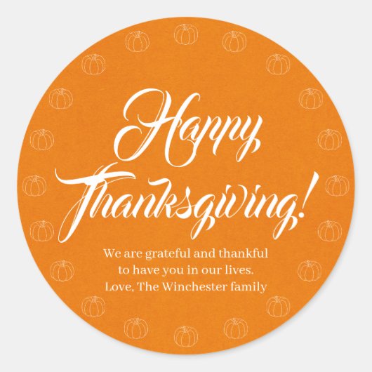 Happy Thanksgiving pumpkin kraft custom script Runder Aufkleber (Vorderseite)