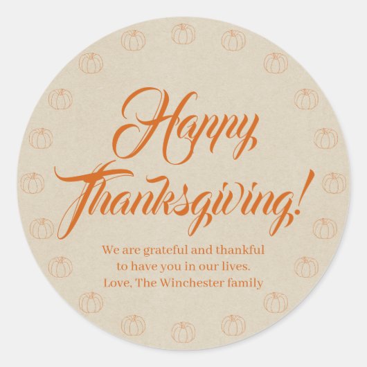Happy Thanksgiving pumpkin kraft custom script Runder Aufkleber (Vorderseite)
