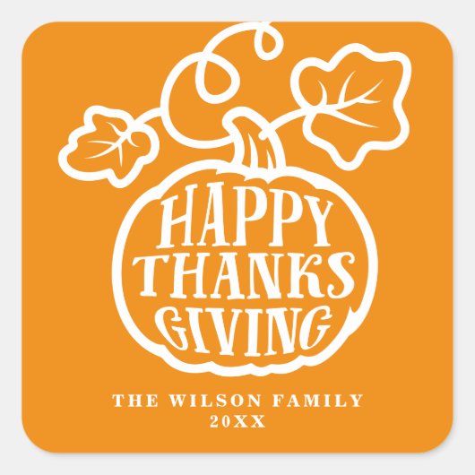 Happy Thanksgiving Pumpkin Lettering Orange Quadratischer Aufkleber (Vorderseite)
