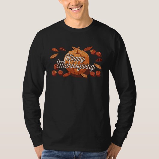 Happy Thanksgiving Pumpkin With Autumn Leaves T-Shirt (Vorderseite)
