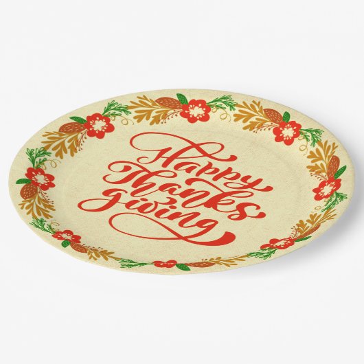 Happy Thanksgiving Red Gold Wreath 9" Pappteller (Schrägansicht)
