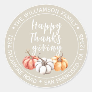 Happy Thanksgiving Sand Beige Name Rücksendeadress Runder Aufkleber