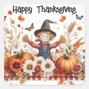Happy Thanksgiving Scarecrow Quadratischer Aufkleber