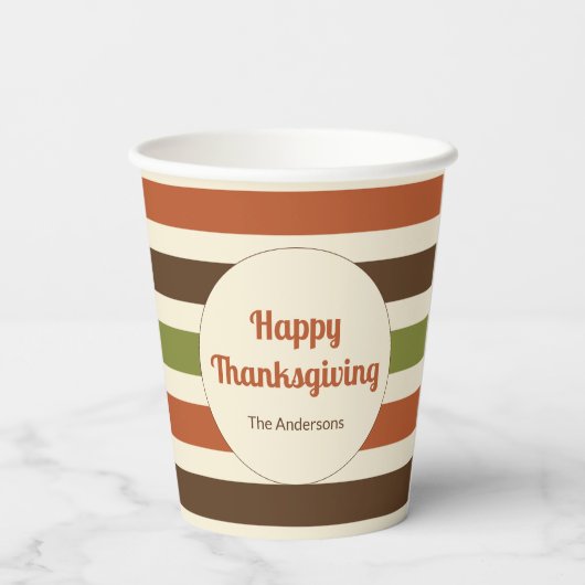 Happy Thanksgiving Script Herbst Farben Streifen Pappbecher (Rückseite)