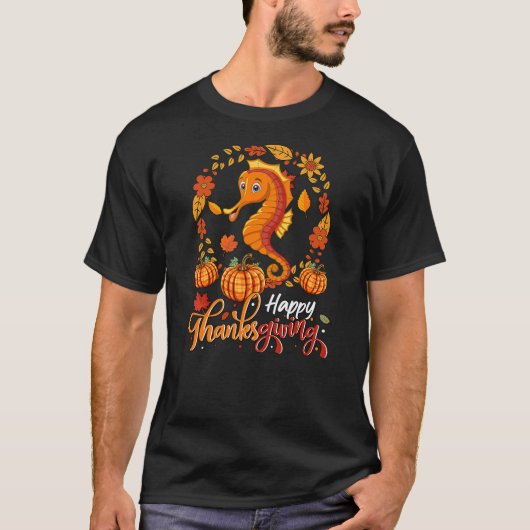 Happy Thanksgiving Seahorse In Leaves Pumpkins Flo T-Shirt (Vorderseite)
