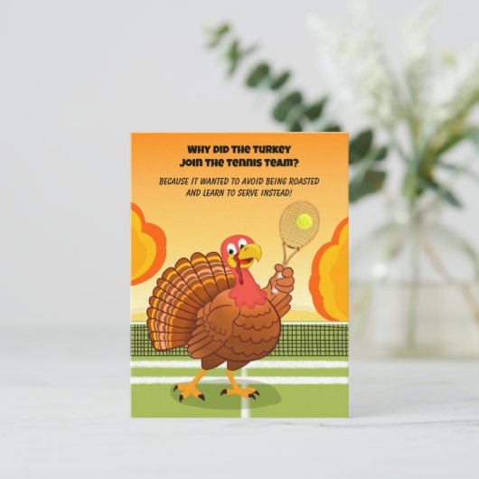 Happy Thanksgiving Tennis Turkey Riddle Postkarte (Stehend Vorderseite)